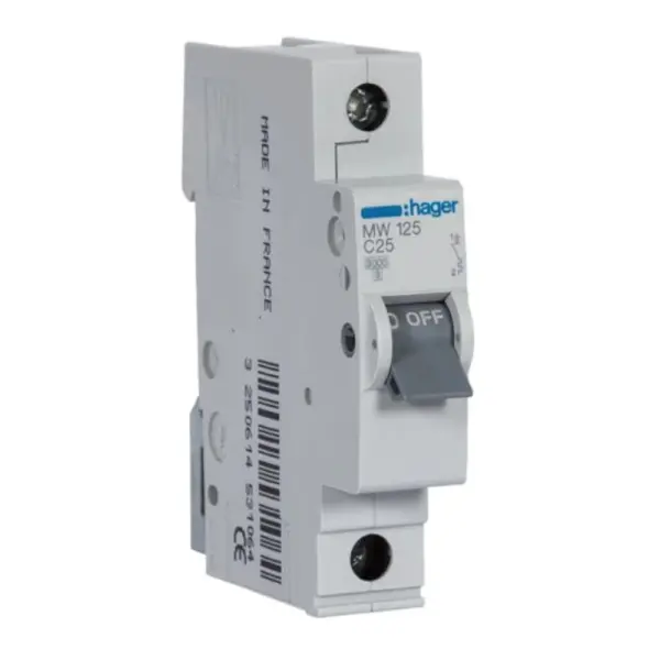 Disjuntor MW125 1P 25A C 3kA 1M HAGER