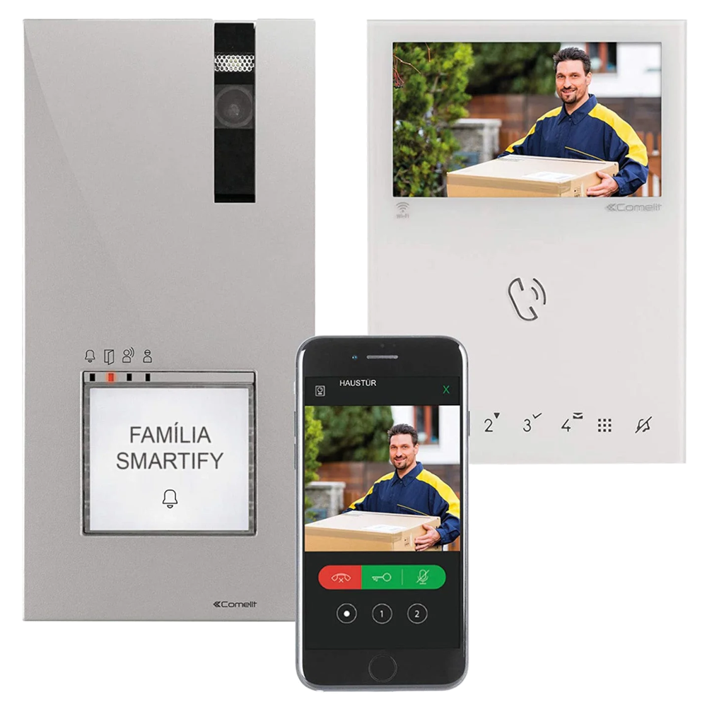 Kit de videoporteiro Comelit Quadra e Mini Wi-Fi Simplebus 2 – mãos-livres, monitor 4,3″, 1 habitação