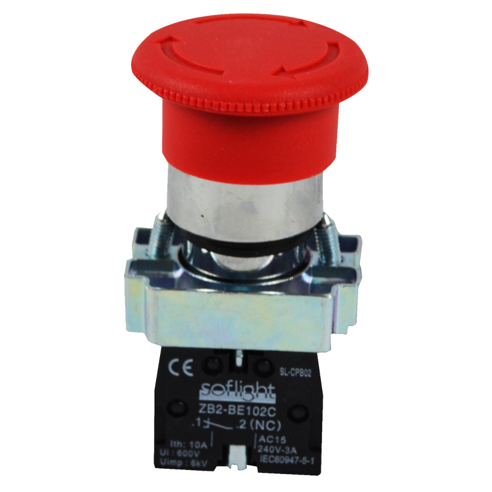 Botão de emergência tipo cogumelo 2 posições estáveis com retorno por rotação Soflight SL-CPB02-BS542