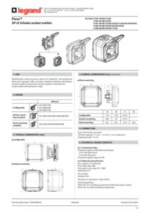Ficha técnica – Tomada Schuko Legrand Plexo 069730L – estanque, 2P+T, 16 A, IP55, saliente, cinzenta