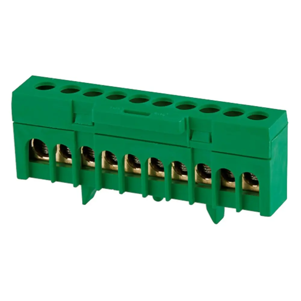 Barramento de terra isolado – 10 ligações, 1×25+9×16 mm², verde