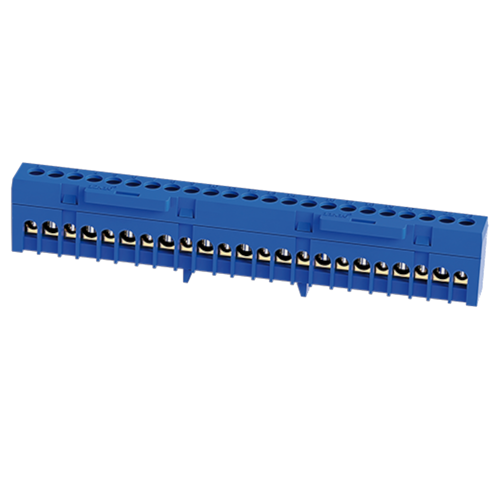 Barramento de terra isolado – 23 ligações, 11×16+12×10 mm², azul