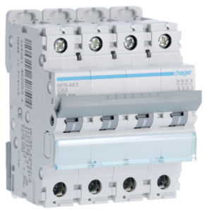 Disjuntor Hager NFN463 – 4P, curva C, 63 A, 6 kA