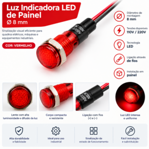 Luz Indicadora LED de Painel Ø8 mm Vermelha 110V/220V