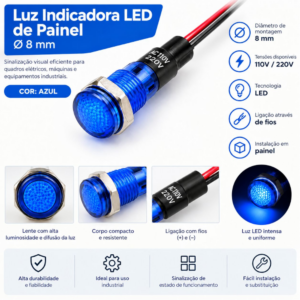 Luz Indicadora LED de Painel Ø8 mm Azul 110V/220V