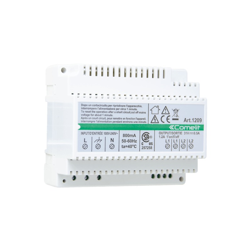 Alimentador Comelit 1209 – para kits de vídeo Simplebus2, 110-240 V AC, 33 V DC, 6 módulos DIN