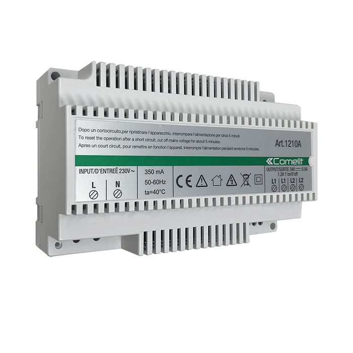 Alimentador Comelit 1210A – Simplebus2, 230 V AC, saída 34 V DC, 8 módulos DIN