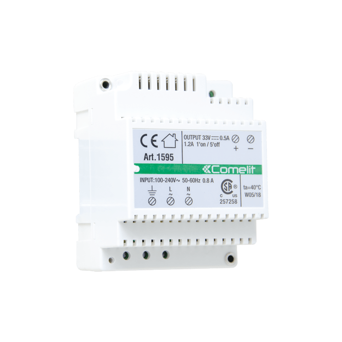 Alimentador Comelit 1595 – 100-240 V AC, saída 33 V DC 0,5 A, 4 módulos DIN