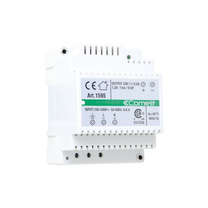 Alimentador Comelit 1595 – 100-240 V AC, saída 33 V DC 0,5 A, 4 módulos DIN