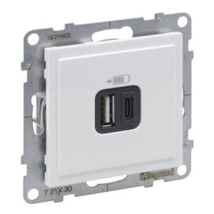 Carregador USB Legrand New Suno – duplo, USB-A 12 W, USB-C 15 W, branco, alumínio ou preto