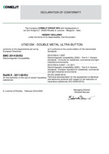 Certificado – Botão duplo Comelit UT9212M – Ultra Metal, 2 chamadas, perfil em alumínio