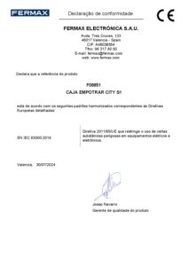 Certificado – Caixa de encastrar Fermax 8851 – S1, 115 x 114 x 45 mm, para unidade exterior City e Skyline