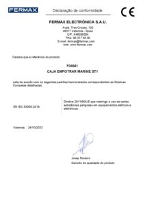 Certificado – Caixa de encastrar Fermax Marine 4641 – ST1, 130 x 160 x 55 mm