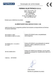 Certificado – Fonte de alimentação Fermax 4800 – 230 V AC para 12 V AC, 1,5 A, DIN 4 módulos, para trinco