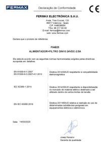 Certificado – Fonte de alimentação Fermax 4825 – 24 V DC, 2,5 A, com filtro, DIN 10 módulos, Duox Plus