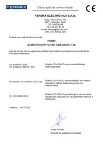 Certificado – Fonte de alimentação Fermax 4826 – 24 V DC, 1,5 A, com filtro, DIN 6 módulos, Duox Plus
