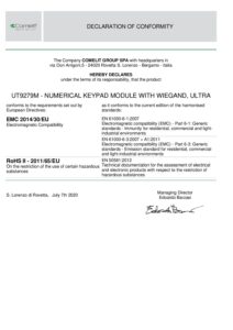 Certificado – Módulo de teclado Comelit UT9279M – Ultra, numérico, 12 teclas, 2 relés, Wiegand, 4000 códigos