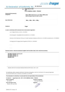 Certificado – Relé diferencial Hager HR500 – tipo A, 30 mA, instantâneo