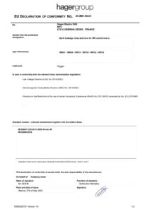 Certificado – Relé diferencial Hager HR551 – tipo B, 1 canal, 0,03 a 3 A, temporizado