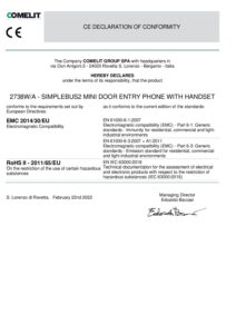 Certificado – Telefone de porteiro Comelit 2738W/A – Mini, com auscultador, 2 botões, Simplebus2, branco
