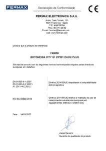 Certificado – Unidade exterior de videoporteiro Fermax City 40008 – 2 botões, S1, alumínio, Duox Plus