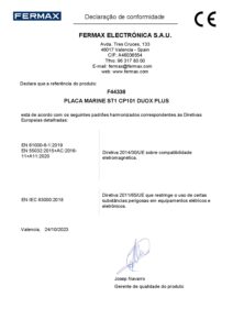Certificado – Unidade exterior de videoporteiro Fermax Marine 44338 – 1 botão, ST1, inox, Duox Plus