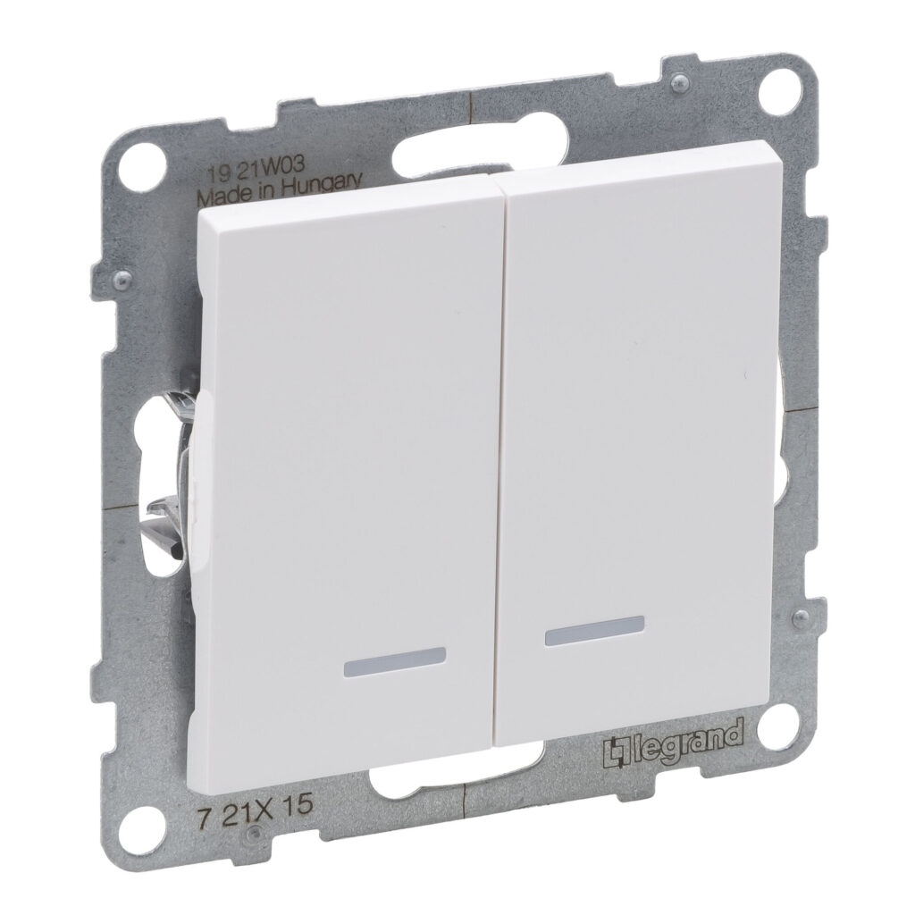 Comutador de lustre Legrand New Suno – luminoso nos 2 circuitos, 10 AX, branco, alumínio ou preto
