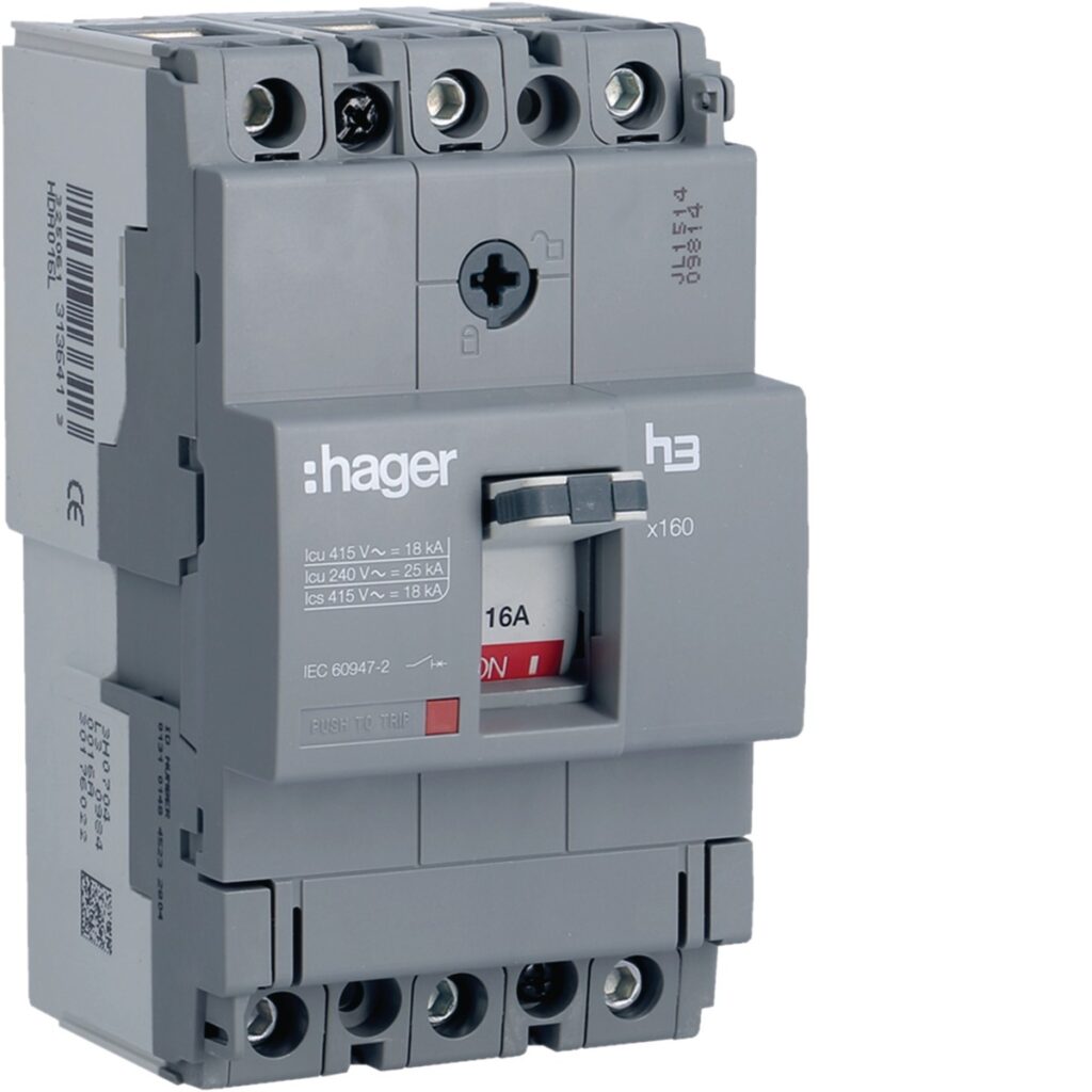 Disjuntor de caixa moldada Hager HDA016L – x160, 3P, 16 A, 18 kA