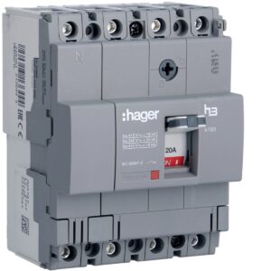 Disjuntor de caixa moldada Hager HDA021L – x160, 4P, 20 A, 18 kA