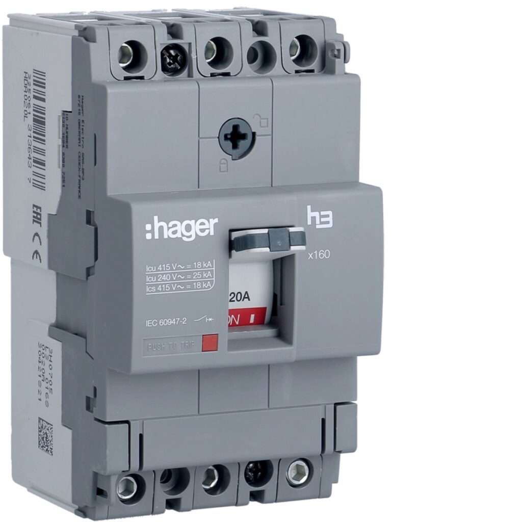 Disjuntor de caixa moldada Hager HDA020L – x160, 3P, 20 A, 18 kA