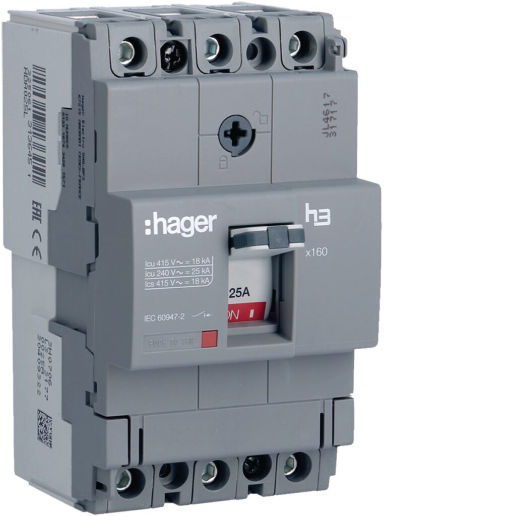 Disjuntor de caixa moldada Hager HDA025L – x160, 3P, 25 A, 18 kA