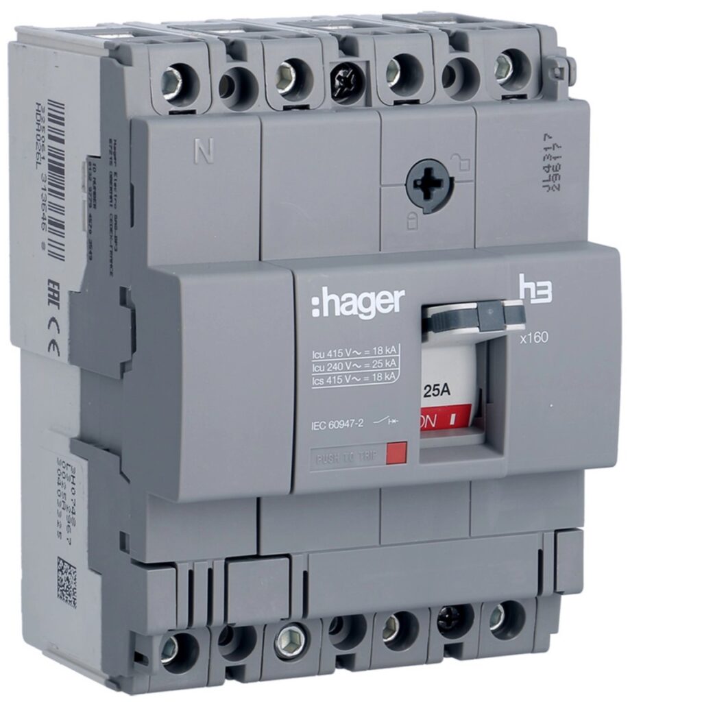 Disjuntor de caixa moldada Hager HDA026L – x160, 4P, 25 A, 18 kA