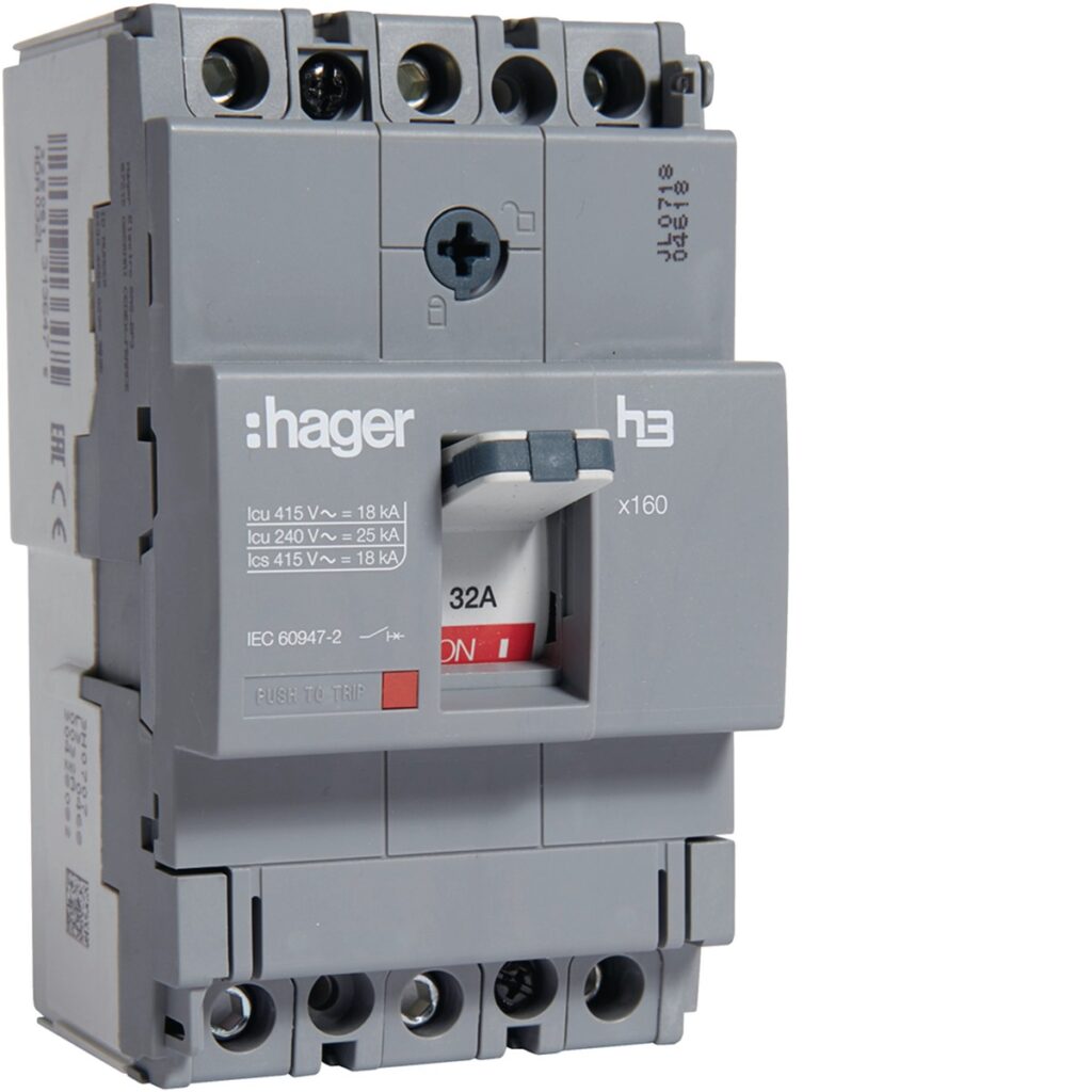 Disjuntor de caixa moldada Hager HDA032L – x160, 3P, 32 A, 18 kA