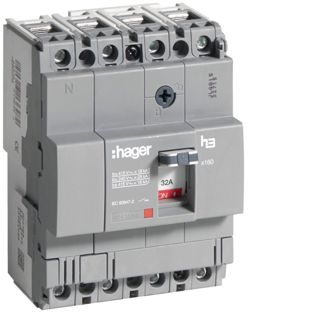 Disjuntor de caixa moldada Hager HDA033L – x160, 4P, 32 A, 18 kA