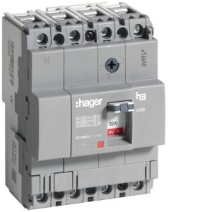 Disjuntor de caixa moldada Hager HDA033L – x160, 4P, 32 A, 18 kA
