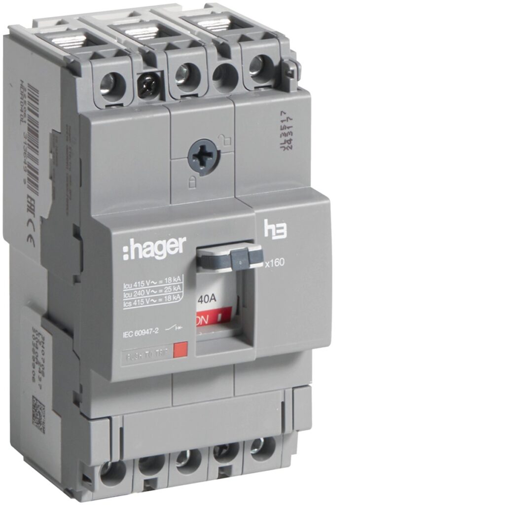 Disjuntor de caixa moldada Hager HDA040L – x160, 3P, 40 A, 18 kA