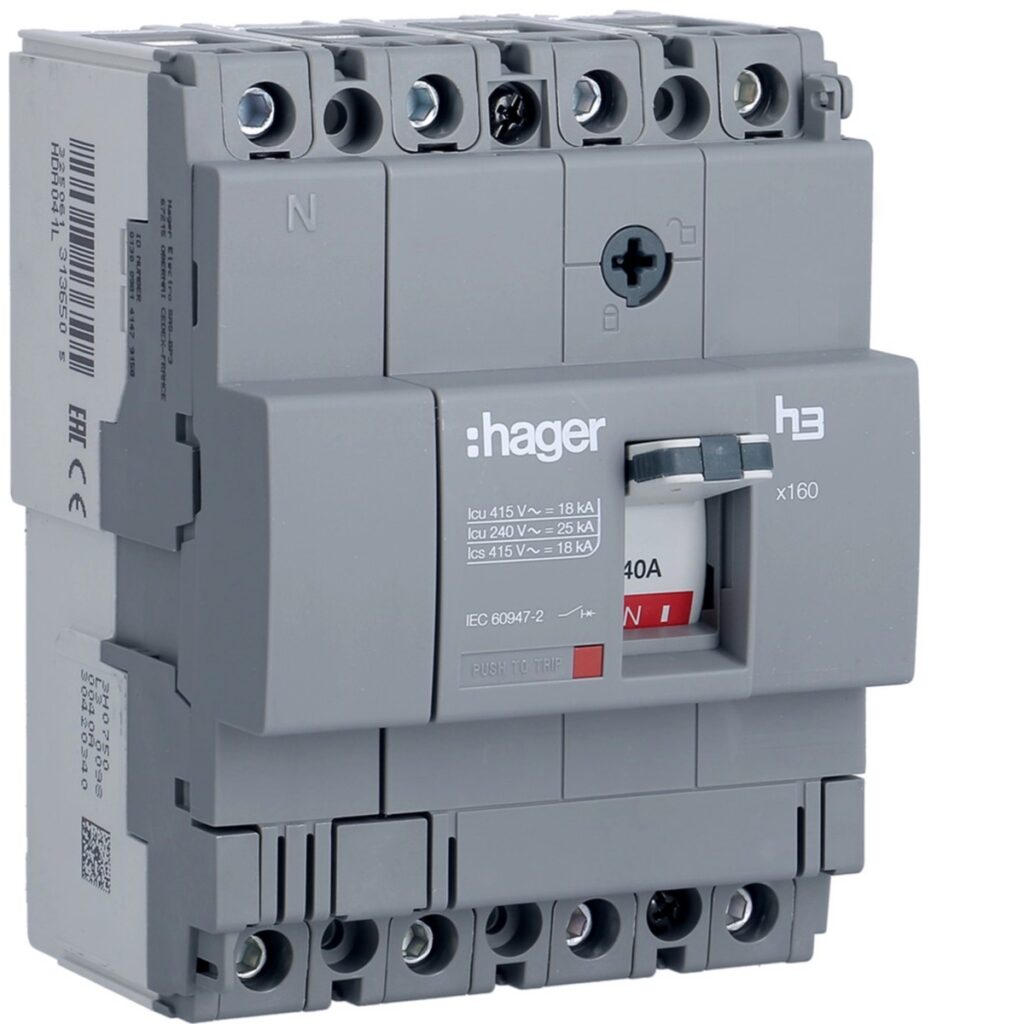 Disjuntor de caixa moldada Hager HDA041L – x160, 4P, 40 A, 18 kA