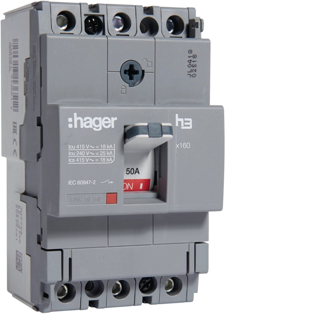 Disjuntor de caixa moldada Hager HDA050L – x160, 3P, 50 A, 18 kA