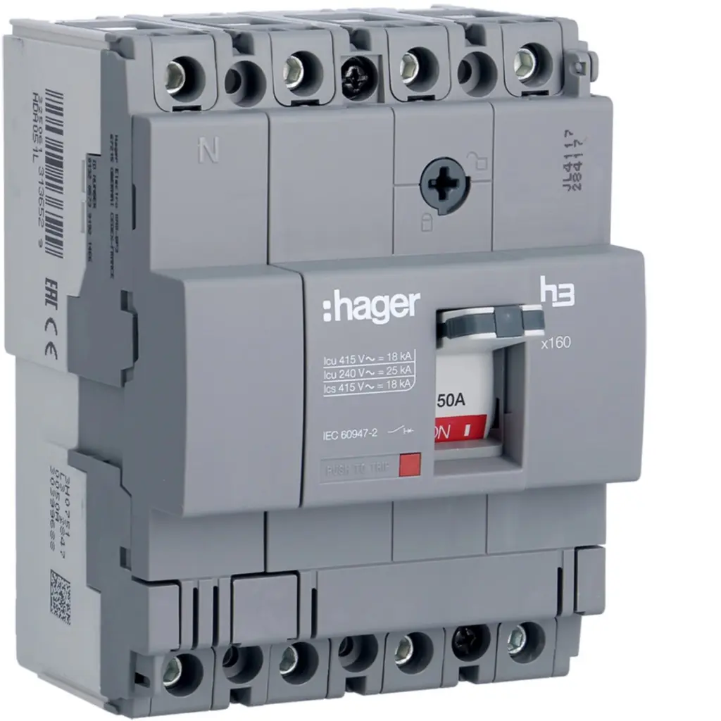 Disjuntor de caixa moldada Hager HDA051L – x160, 4P, 50 A, 18 kA
