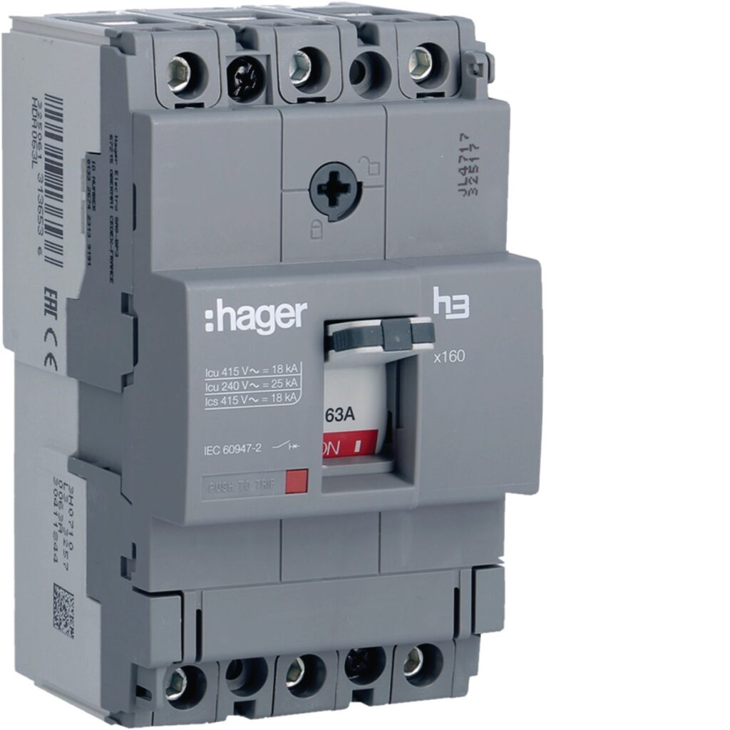 Disjuntor de caixa moldada Hager HDA063L – x160, 3P, 63 A, 18 kA
