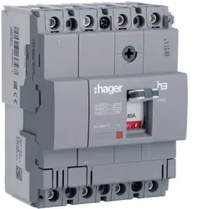 Disjuntor de caixa moldada Hager HDA081L – x160, 4P, 80 A, 18 kA