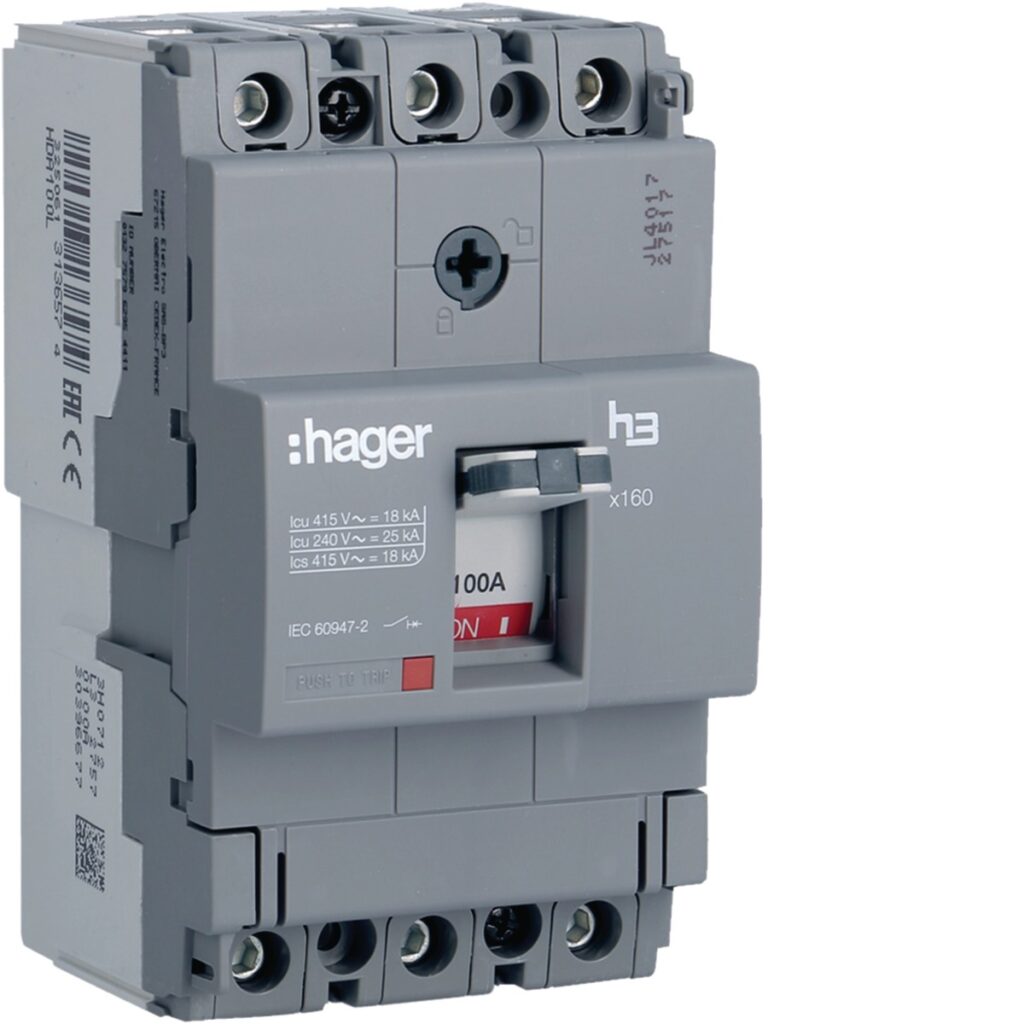 Disjuntor de caixa moldada Hager HDA100L – x160, 3P, 100 A, 18 kA