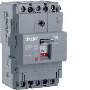 Disjuntor de caixa moldada Hager HDA100L – x160, 3P, 100 A, 18 kA