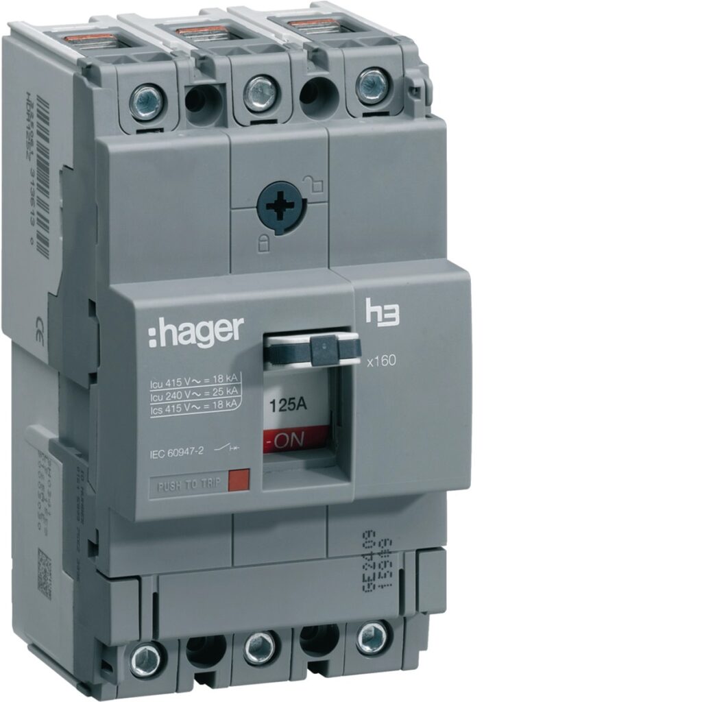 Disjuntor de caixa moldada Hager HDA125L – x160, 3P, 125 A, 18 kA