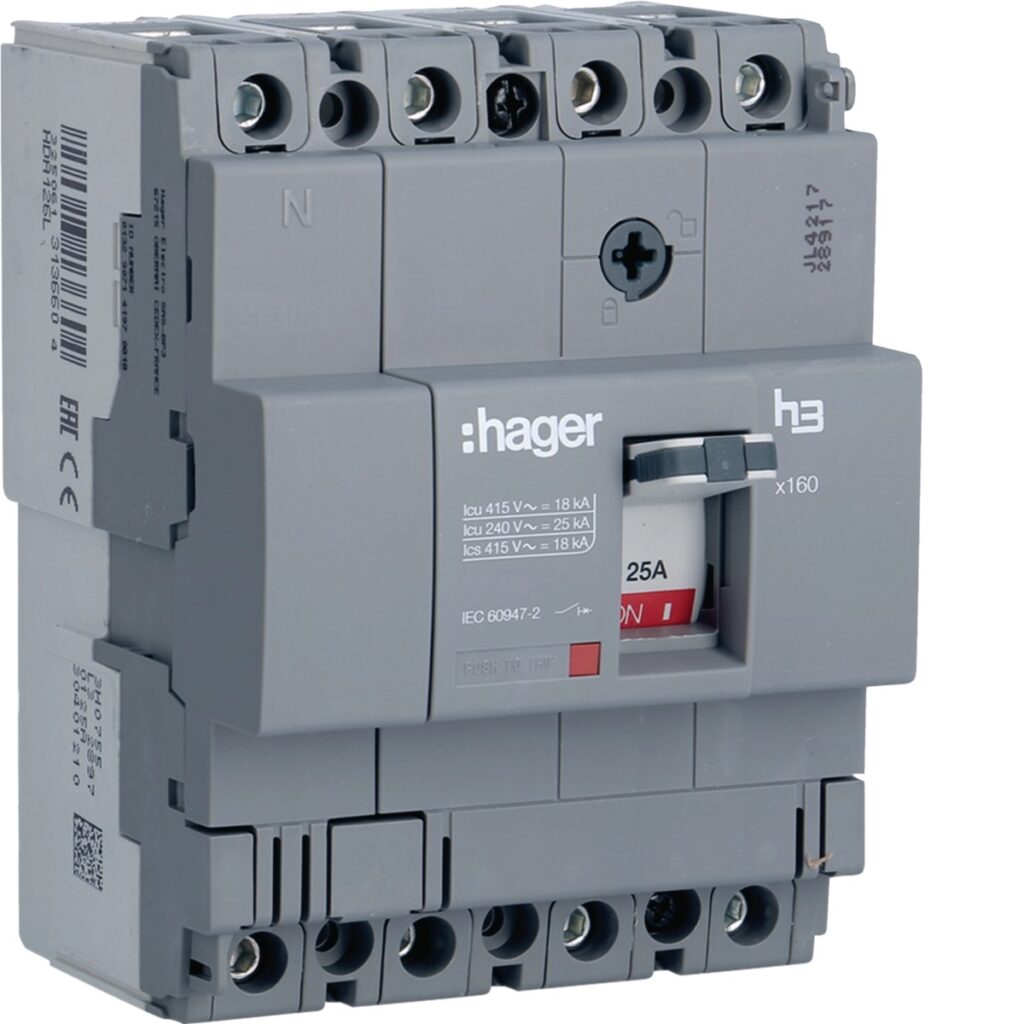 Disjuntor de caixa moldada Hager HDA126L – x160, 4P, 125 A, 18 kA