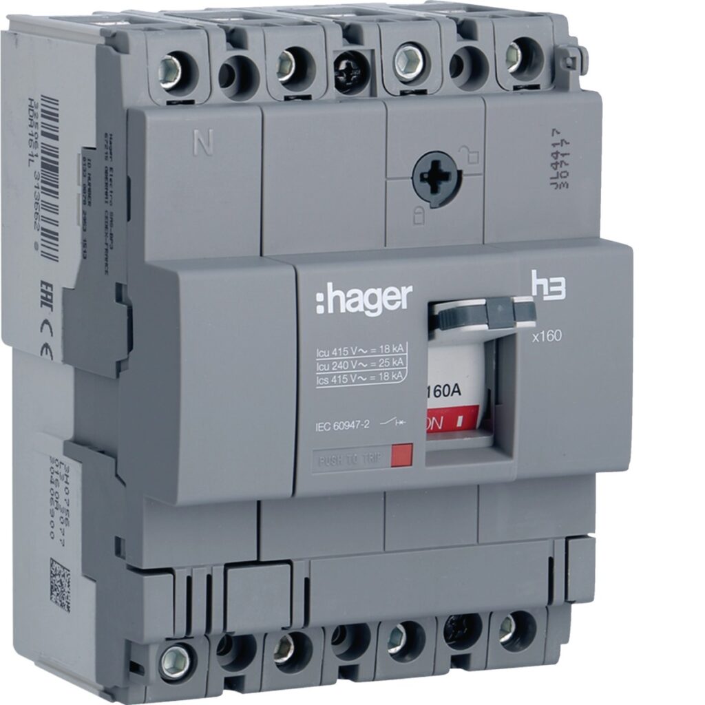 Disjuntor de caixa moldada Hager HDA161L – x160, 4P, 160 A, 18 kA