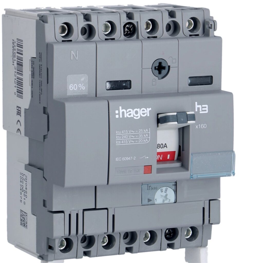 Disjuntor de caixa moldada Hager HHA082H – x160, 4P (neutro a 50 %), 80 A, 25 kA