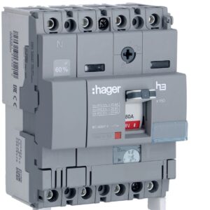Disjuntor de caixa moldada Hager HHA082H – x160, 4P (neutro a 50 %), 80 A, 25 kA