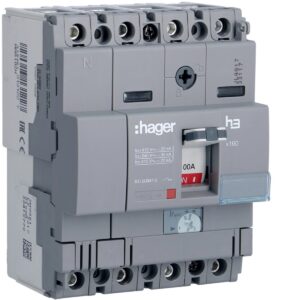 Disjuntor de caixa moldada Hager HHA102H – x160, 4P (neutro a 50 %), 100 A, 25 kA