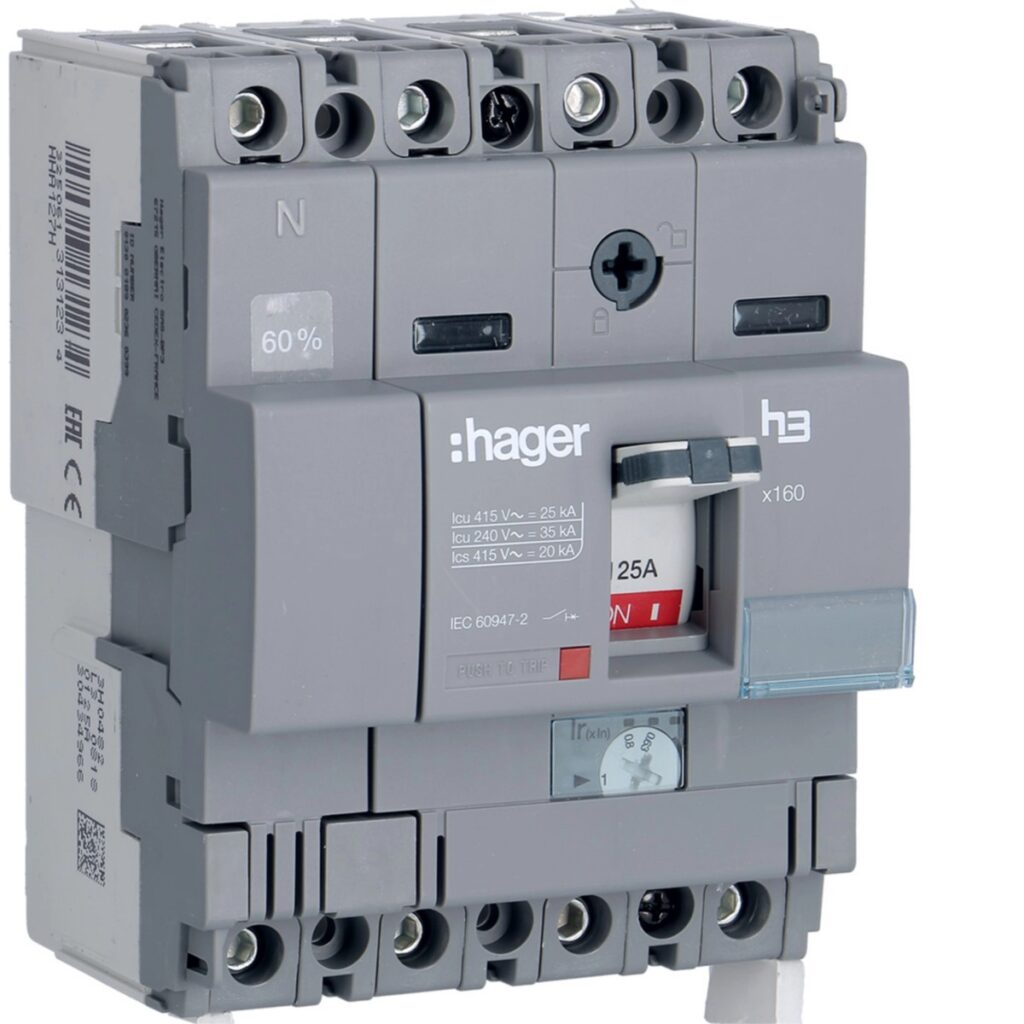 Disjuntor de caixa moldada Hager HHA127H – x160, 4P (neutro a 50 %), 125 A, 25 kA